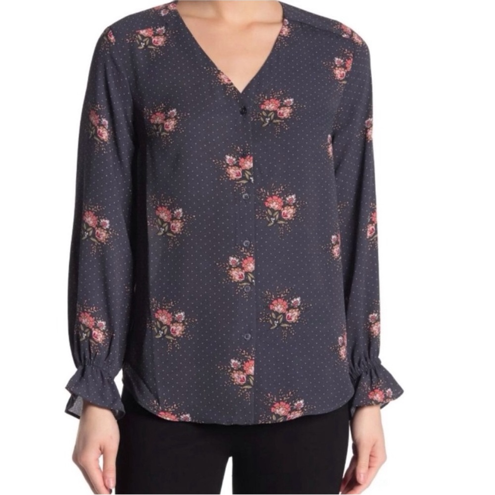 T Tahari Gray Floral Polka Dot Blouse Large V-Neck Long Sleeve Ruffle Cuff Top